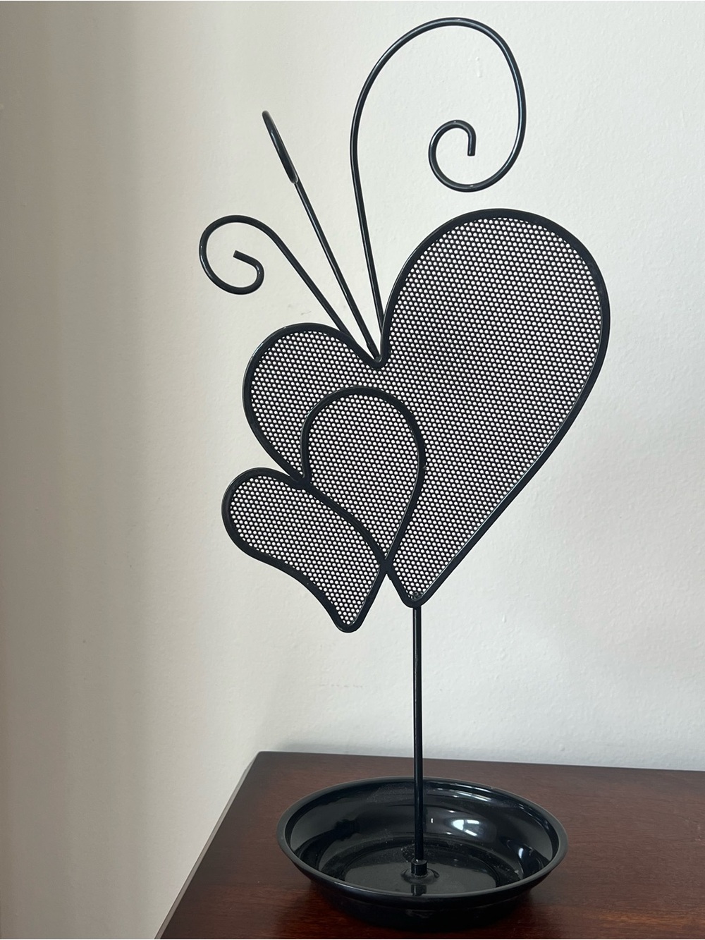 Vintage 3 Hearts Black Metal Jewelry Organizer Stand with Decorative Scrollwork